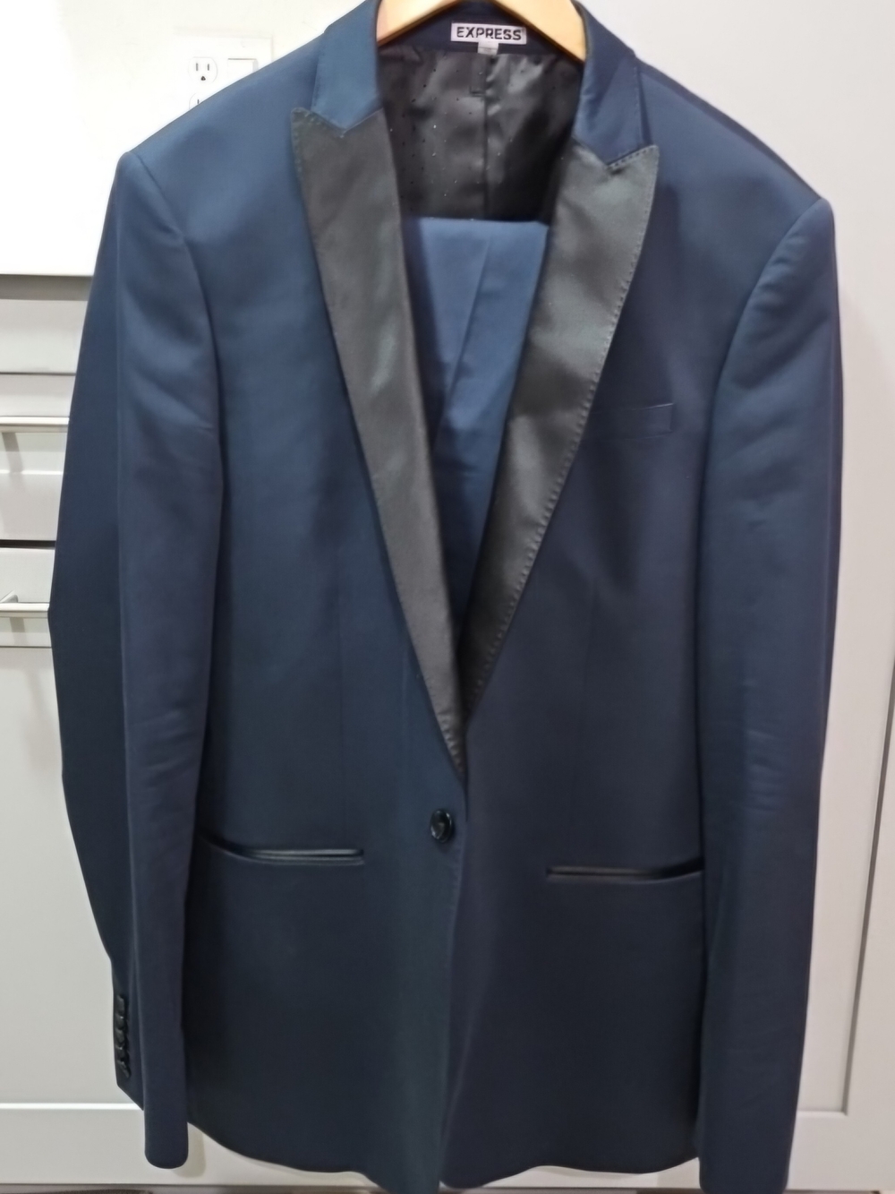 Express Men's Navy Blazer with Black Satin Lapel